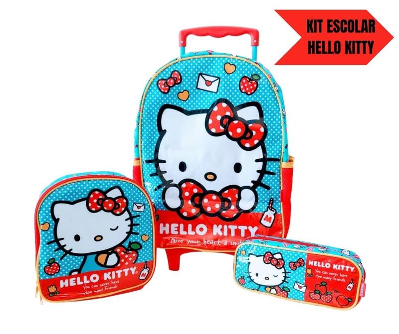 Kit Mochila Rodinhas Lancheira Térmica e Estojo Escolar Hello
